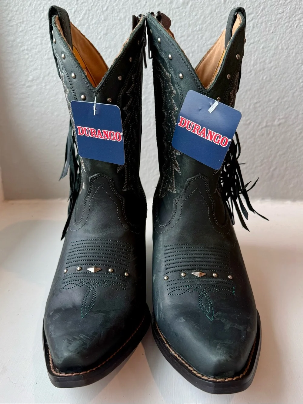 Crush by Durango Smoky Teal Suede Western Ankle Boots with Fringe and Studs